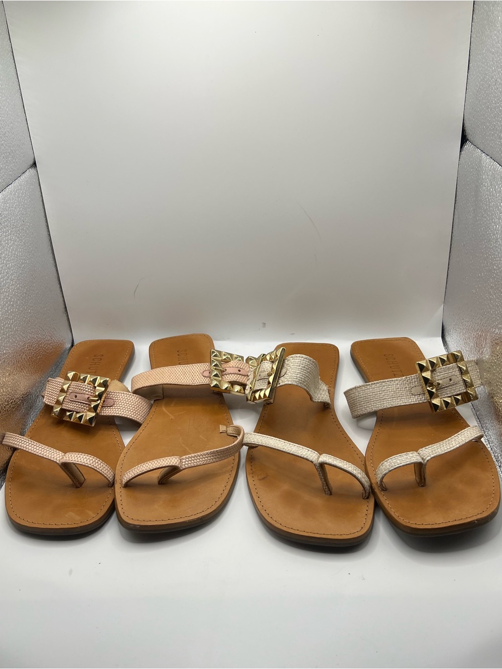 SCHUTZ Blush Pink and Beige Stud-Buckle Thong Sandals LOT
